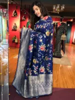 Navyblue Muga Silk Saree with Beautiful Meenakari Weaves highlighted with Gold Zari - Image 4