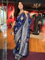 Navyblue Muga Silk Saree with Beautiful Meenakari Weaves highlighted with Gold Zari - Image 6