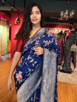 Navyblue Muga Silk Saree with Beautiful Meenakari Weaves highlighted with Gold Zari - Image 3