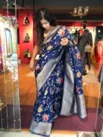 Navyblue Muga Silk Saree with Beautiful Meenakari Weaves highlighted with Gold Zari - Image 5