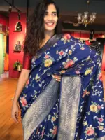 Navyblue Muga Silk Saree with Beautiful Meenakari Weaves highlighted with Gold Zari