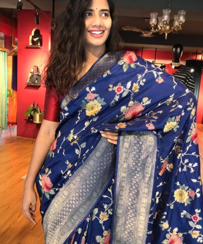 Navyblue Muga Silk Saree with Beautiful Meenakari Weaves highlighted with Gold Zari