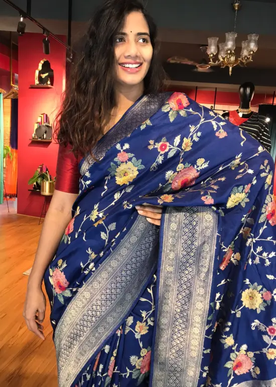 Navyblue Muga Silk Saree with Beautiful Meenakari Weaves highlighted with Gold Zari