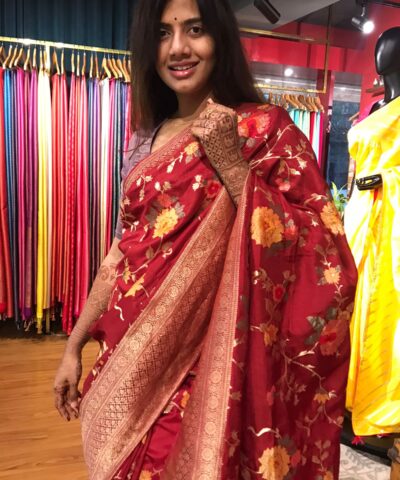 Maroon Muga Silk Saree with Beautiful Meenakari Weaves highlighted with Gold Zari