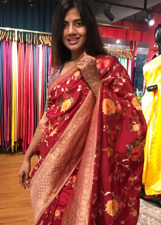 Maroon Muga Silk Saree with Beautiful Meenakari Weaves highlighted with Gold Zari