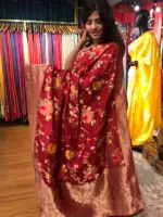 Maroon Muga Silk Saree with Beautiful Meenakari Weaves highlighted with Gold Zari - Image 3