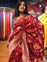 Maroon Muga Silk Saree with Beautiful Meenakari Weaves highlighted with Gold Zari - Image 4