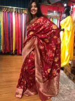 Maroon Muga Silk Saree with Beautiful Meenakari Weaves highlighted with Gold Zari - Image 2