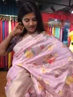 Pink Muga Silk Saree with Beautiful Meenakari Weaves highlighted with Gold Zari - Image 6