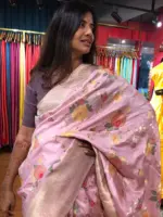 Pink Muga Silk Saree with Beautiful Meenakari Weaves highlighted with Gold Zari - Image 7