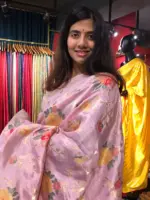 Pink Muga Silk Saree with Beautiful Meenakari Weaves highlighted with Gold Zari