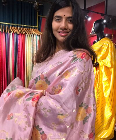 Pink Muga Silk Saree with Beautiful Meenakari Weaves highlighted with Gold Zari