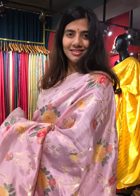 Pink Muga Silk Saree with Beautiful Meenakari Weaves highlighted with Gold Zari