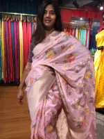 Pink Muga Silk Saree with Beautiful Meenakari Weaves highlighted with Gold Zari - Image 3