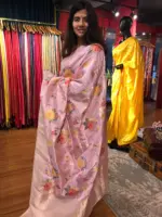 Pink Muga Silk Saree with Beautiful Meenakari Weaves highlighted with Gold Zari - Image 4