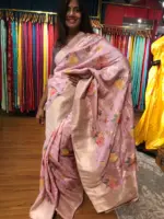 Pink Muga Silk Saree with Beautiful Meenakari Weaves highlighted with Gold Zari - Image 5