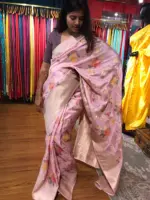 Pink Muga Silk Saree with Beautiful Meenakari Weaves highlighted with Gold Zari - Image 2