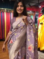 Lilac Muga Silk Saree with Beautiful Meenakari Weaves highlighted with Gold Zari - Image 4