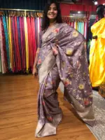 Lilac Muga Silk Saree with Beautiful Meenakari Weaves highlighted with Gold Zari - Image 2