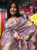 Lilac Muga Silk Saree with Beautiful Meenakari Weaves highlighted with Gold Zari