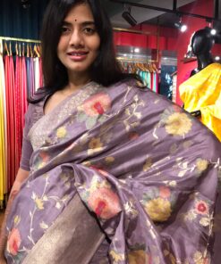 Lilac Muga Silk Saree with Beautiful Meenakari Weaves highlighted with Gold Zari
