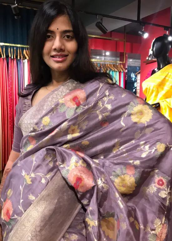 Lilac Muga Silk Saree with Beautiful Meenakari Weaves highlighted with Gold Zari