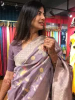 Lilac Muga Silk Saree with Beautiful Meenakari Weaves highlighted with Gold Zari - Image 5