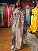 Lilac Muga Silk Saree with Beautiful Meenakari Weaves highlighted with Gold Zari - Image 3