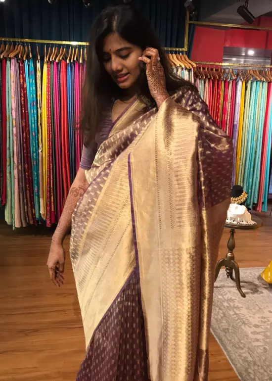 Purple Tissue Organza Silk Saree highlighted woven in Resham Gold Zari Weaves