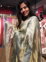 Sea Green Tissue Tussar Silk Saree highlighted with Silver Zari Checks - Image 4