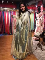 Sea Green Tissue Tussar Silk Saree highlighted with Silver Zari Checks - Image 5