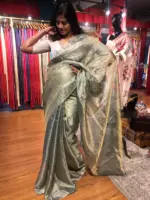 Sea Green Tissue Tussar Silk Saree highlighted with Silver Zari Checks - Image 2