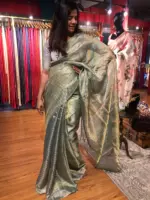 Sea Green Tissue Tussar Silk Saree highlighted with Silver Zari Checks - Image 3