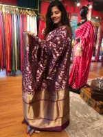 Wine Banarasi Silk Saree with Beautiful Meenakari Weaves in Vanasingaram Design - Image 6