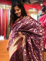 Wine Banarasi Silk Saree with Beautiful Meenakari Weaves in Vanasingaram Design