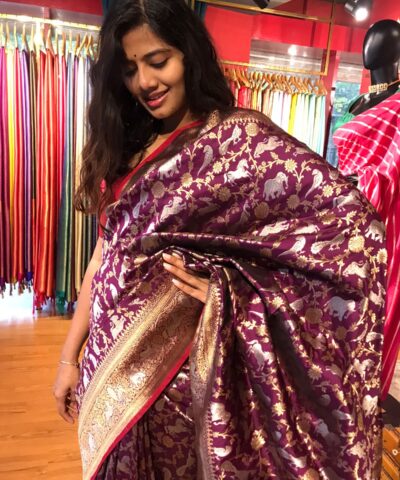 Wine Banarasi Silk Saree with Beautiful Meenakari Weaves in Vanasingaram Design