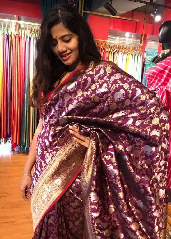 Wine Banarasi Silk Saree with Beautiful Meenakari Weaves in Vanasingaram Design