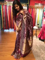 Wine Banarasi Silk Saree with Beautiful Meenakari Weaves in Vanasingaram Design - Image 5