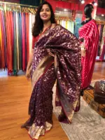 Wine Banarasi Silk Saree with Beautiful Meenakari Weaves in Vanasingaram Design - Image 3