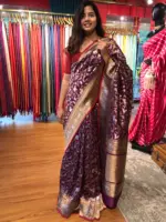 Wine Banarasi Silk Saree with Beautiful Meenakari Weaves in Vanasingaram Design - Image 2