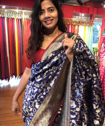Navyblue Banarasi Silk Saree with Beautiful Meenakari Weaves in Vanasingaram Design