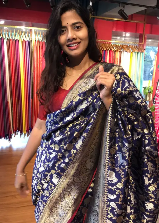 Navyblue Banarasi Silk Saree with Beautiful Meenakari Weaves in Vanasingaram Design