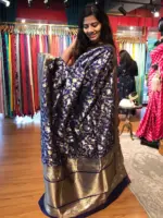 Navyblue Banarasi Silk Saree with Beautiful Meenakari Weaves in Vanasingaram Design - Image 4