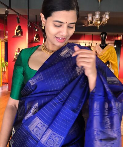 Royal Blue Kanjivaram Silk Saree with Handwoven Gold zari weaves