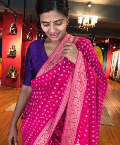 Pink Banarasi Silk Saree in Georgette adorned with Gold Zari Weaves