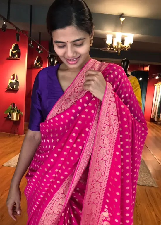 Pink Banarasi Silk Saree in Georgette adorned with Gold Zari Weaves