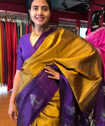 Mustard Kanjivaram Silk Saree with Handwoven Gold zari weaves