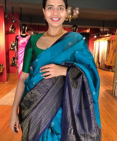 Navyblue Kanjivaram Silk Saree with Handwoven Gold zari weaves