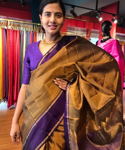 Mustard Kanjivaram Silk Saree with Handwoven Gold zari Chequered Weaves