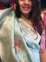 Pastel Green Muga Silk Saree with Beautiful Meenakari Weaves highlighted with Gold Zari - Image 4